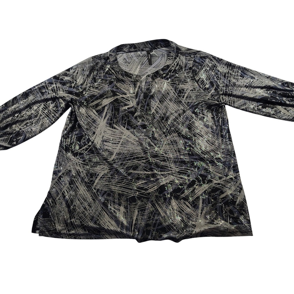 Cathy Womens XL Black Silver Glitter Abstract Split‎ Neck Long Sleeve Knit Top